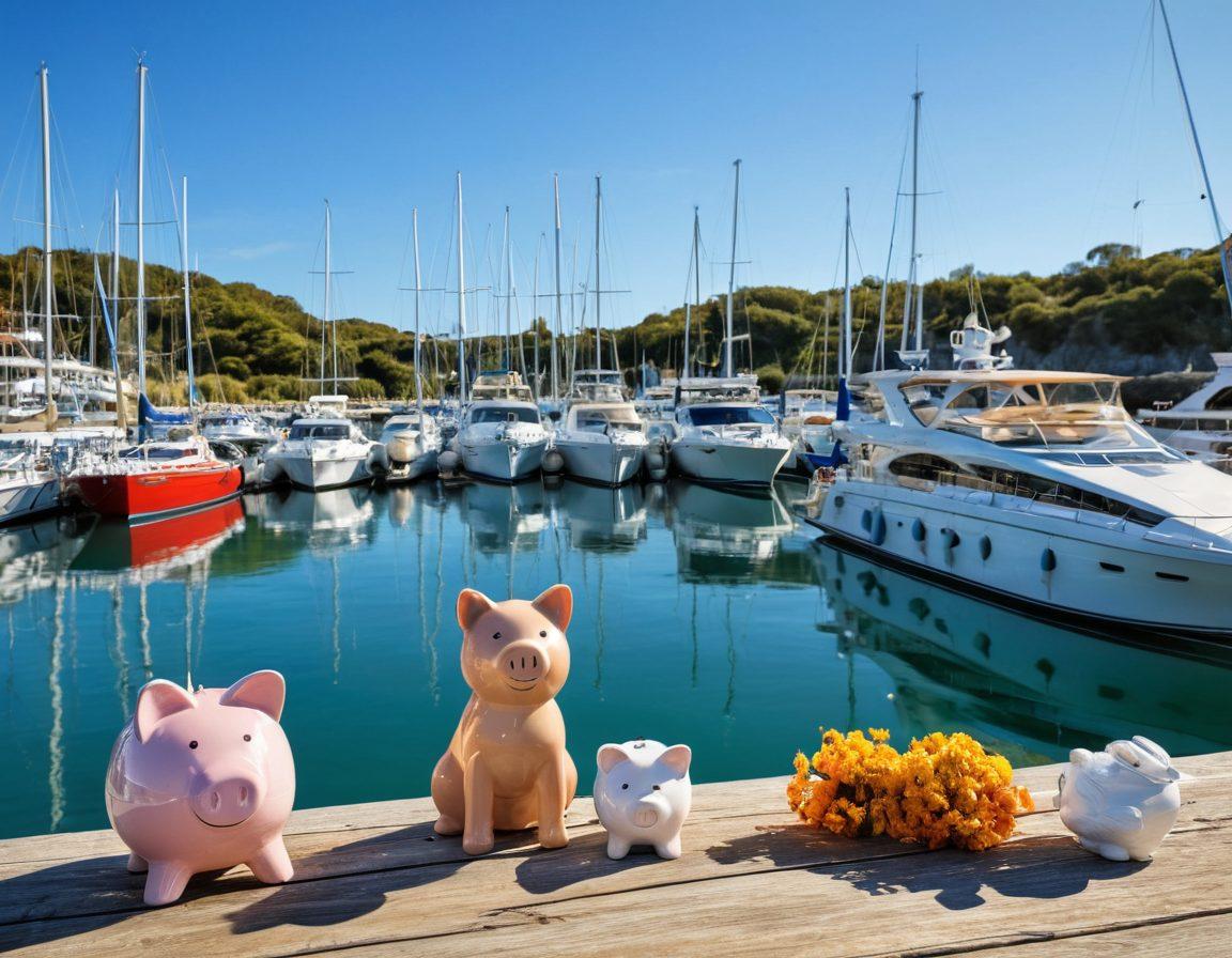 A serene marina scene showcasing a variety of stunning yachts and pleasure crafts anchored peacefully, with a clear blue sky above. The focus is on a friendly insurance advisor discussing affordable insurance options with a couple on a sunny dock, surrounded by cheerful nautical decorations. Include elements like a money-saving concept represented by a piggy bank nearby and a checklist for insurance plans. super-realistic. vibrant colors. coastal setting.