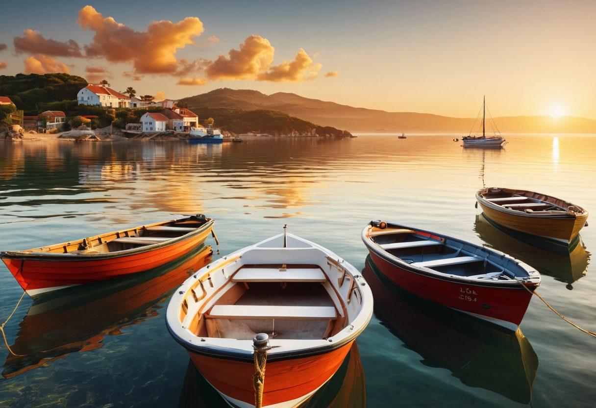 A serene seaside landscape with a variety of boats anchored, symbolizing affordable boat insurance. Include a digital map overlay depicting insurance options and sea routes. The sky should be bright with a warm sunset, casting a golden glow on the water. Incorporate elements like a calculator and a compass subtly in the foreground. vibrant colors. super-realistic.