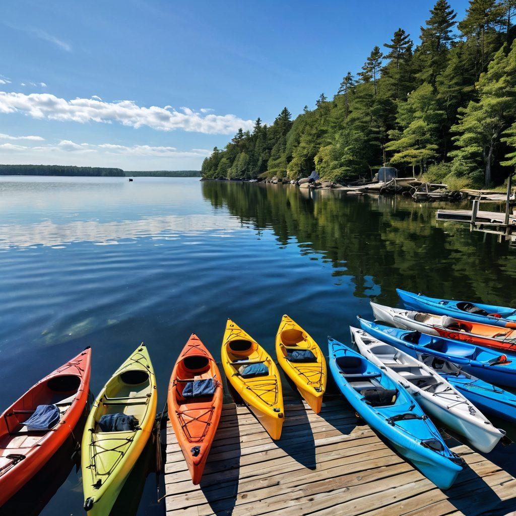 A serene dock with various watercrafts like kayaks, canoes, and small boats, all covered with colorful, budget-friendly protection covers. In the background, a bright blue sky and gentle waves reflect the sunlight. Include some nautical accessories like life jackets and paddles casually placed near the boats. A family enjoying a day by the water, showing a lively nautical adventure atmosphere. vibrant colors. super-realistic. peaceful setting.